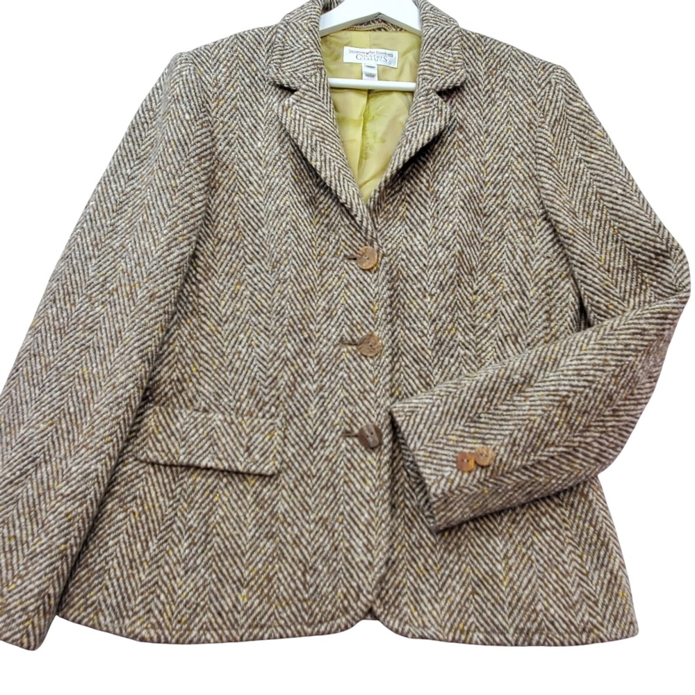 Vtg Susanne von Domberg Blazer Womens 40 Brown Wool Herringbone Jacket Old MOney